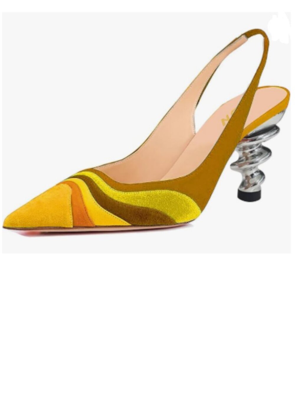 YDN Yellow Floral Metallic Spiral Heels Slip On Sandals Slingback Elastic Pumps